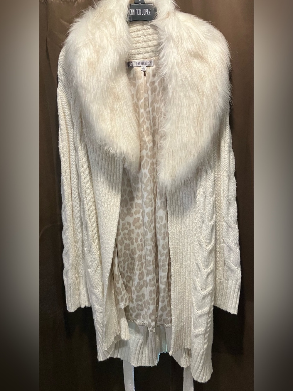 Jennifer Lopez Ivory Cable Knit Cardigan with Faux Fur Collar
